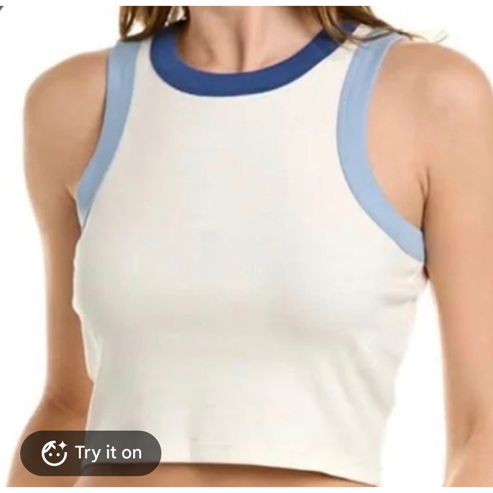 Madewell Brightside Ringer Tank Top Cream Blue Ribbed Crop XS